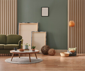 Green wall background, minimalist sofa, marble pattern wooden sofa, grey carpet, poster, lamp and frame.