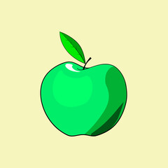 Green fresh apple with green leaf on light yellow background