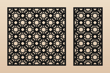 Laser cut patterns. Vector template set with geometric ornament in Oriental style, floral grid, mesh, lattice. Elegant stencil for laser cutting of wooden panel, metal, plastic. Aspect ratio 1:1, 1:2