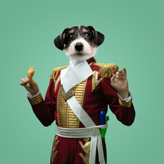 Fried chicken. Model like medieval royalty person in vintage clothing headed by dog head on pastel...