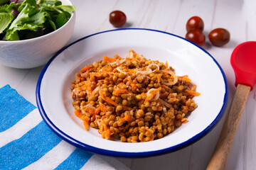 Lentil salad healthy food with tuna.