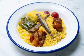 Migas with chorizo. Traditional spanish tapa from Andalucia.