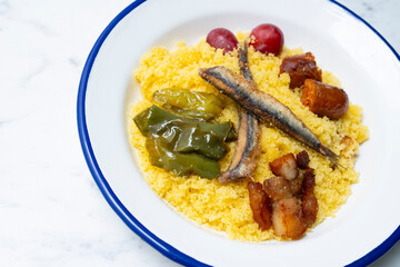 Migas with chorizo. Traditional spanish tapa from Andalucia.