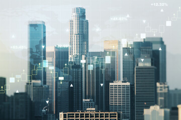 Abstract creative financial graph interface and world map on Los Angeles skyline background, forex and investment concept. Multiexposure