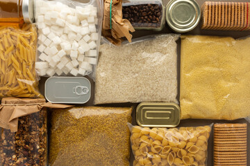 Home food supplies, necessary food for the period of quarantine and isolation, the concept of stay...