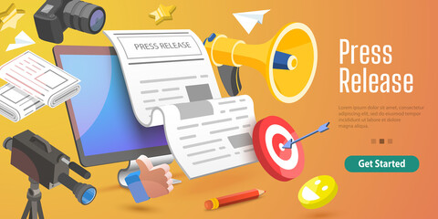 3D Vector Conceptual Illustration of Internet Press Release, News Service, Digital Marketing Campaign.