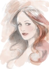 Face of young woman drawn by hand with watercolors and colored pencils illustration