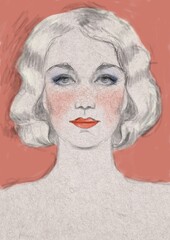 Face of young woman drawn by hand with watercolors and colored pencils illustration, fashion retro style. Frontal portrait