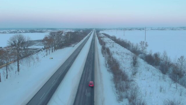 Red Car Winter Road Aerial Snow