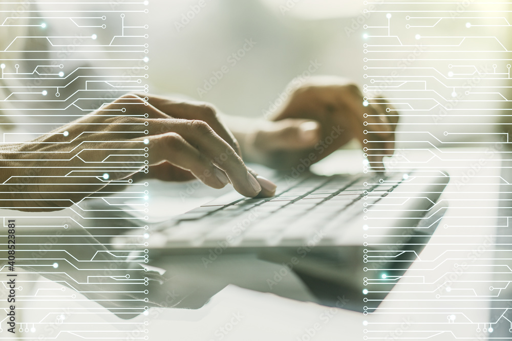 Poster creative abstract micro circuit sketch and hands typing on computer keyboard on background, future t