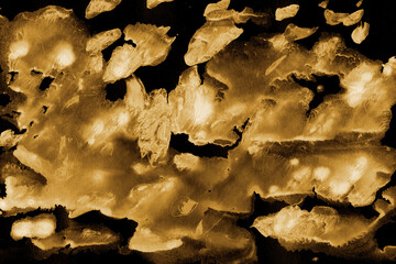 Gold ink and watercolor texture on white paper background. Paint leaks and decalcomania effects. Hand-painted gouache abstract image. Mess on the canvas.