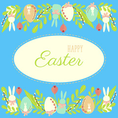 Festive happy Easter card with the inscription, decorated with doodles, egg, rabbit, on a blue background. Vector illustration