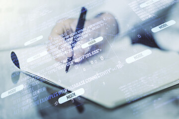 Multi exposure of abstract creative coding sketch with world map and man hand writing in notebook on background, artificial intelligence and neural networks concept