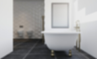Modern bathroom with large window. 3D rendering.. Mockup.   Empty paintings. Abstract blur phototography