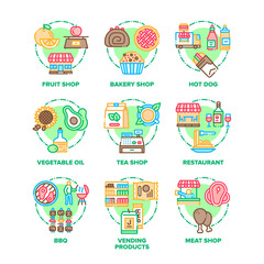 Food And Meal Set Icons Vector Color Illustrations. Fruit And Bakery, Tea And Meat Shop, Hot Dog Street Food And Restaurant Dish, Vegetable Oil And Vending Products Color Illustrations