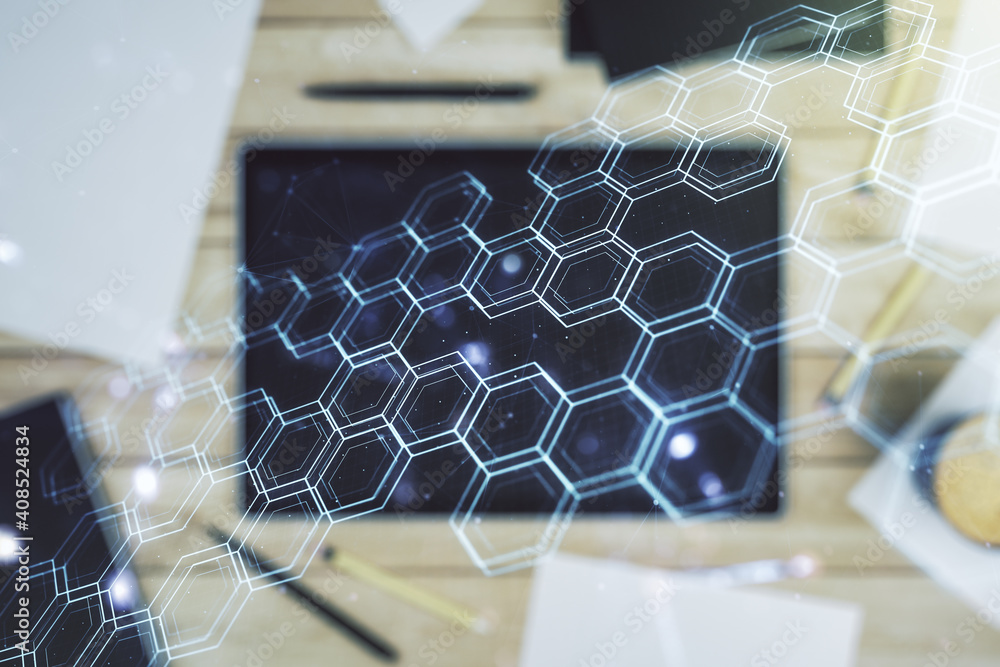 Poster Creative concept of wireless technology with hexagon hologram and modern digital tablet on background, top view. Big data and database concept. Multiexposure