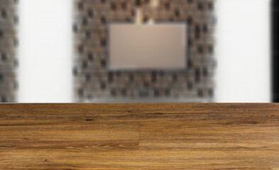 bathtub with large tiles. mosaic on the walls. wooden countertop with two washbasins. Blank paintings.  Mockup.. 3D rendering.. Abstract blur phototography. wooden table on blurred background.