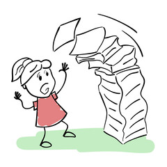 Cartoon stick man illustration of stressed business woman afraid many paperwork. Stick figure drawing of worried woman who running with documents or sheets. Business bureaucracy and paperwork concept.