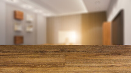 Modern office Cabinet.  3D rendering.   Meeting room. Sunset.. Abstract blur phototography. wooden table on blurred background.