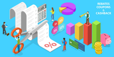 3D Isometric Flat Vector Conceptual Illustration of Rebates Coupons and Cashback, Loyality Program, Online Shop Promotion.