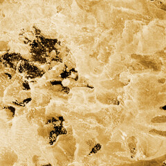 Gold ink and watercolor texture on white paper background. Paint leaks and decalcomania effects. Hand-painted gouache abstract image. Mess on the canvas.