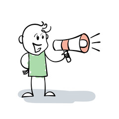 Smiling Stickman speaking in megaphone. Cartoon Stick Figure drawing salesman or manager using loudspeaker or megaphone to spread news, sales, announcement and advertisement. Vector Marketing concept.