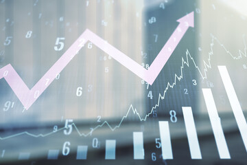 Abstract virtual financial graph hologram and upward arrow on blurry modern office building...