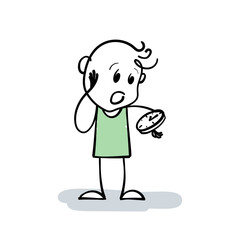 Worried young stickman checking the time on the watch to see how late. Cartoon Stick Man or Business Man is out of time. Stick figure person with clock. Hand drawn vector illustration of late deadline