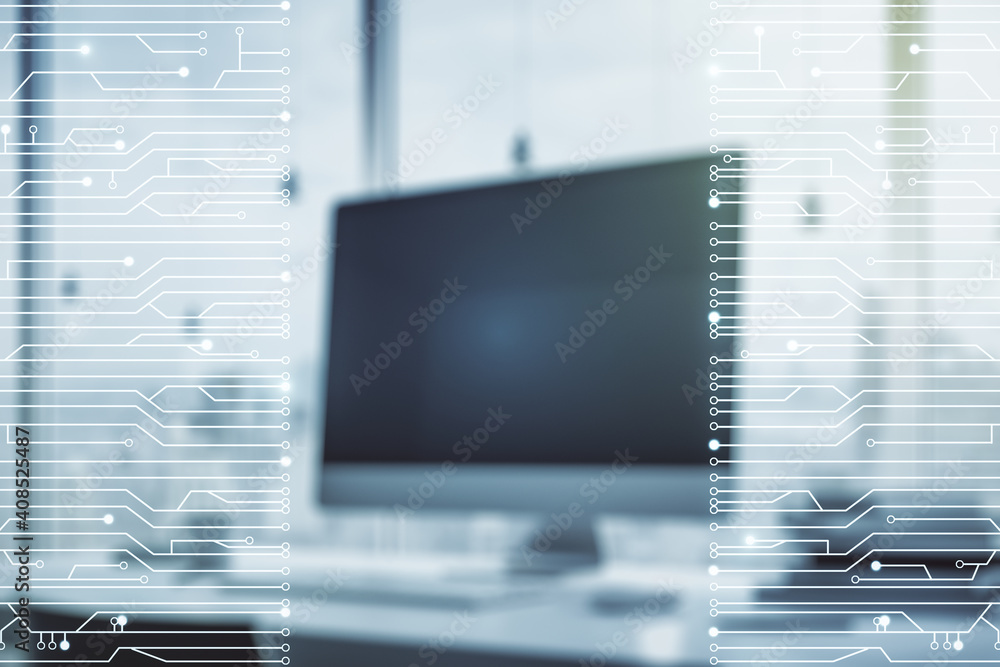 Poster creative abstract micro chip hologram on modern computer background, artificial intelligence and mac