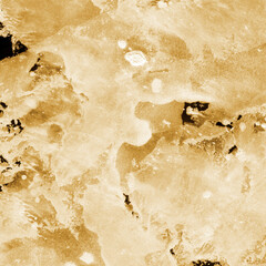 Gold ink and watercolor texture on white paper background. Paint leaks and decalcomania effects. Hand-painted gouache abstract image. Mess on the canvas.