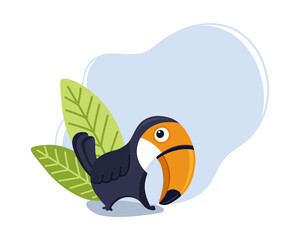Interested toucan with abstract blue background, green leaves, copy space. Cartoon character, funny bird. Tropical parrot with large beak. Isolated vector illustration for summer offer, banner, poster