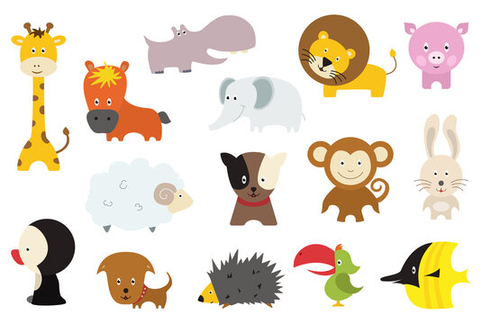 Cute wild and domestic animals cartoon stickers or icons set. Funny lion, bird, pig, giraffe, hedgehog, parrot, penguin, monkey, rabbit, sheep, horse, puppy, behemoth, elephant