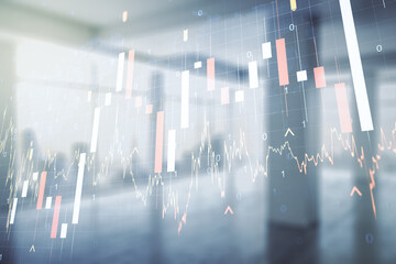 Multi exposure of virtual abstract financial graph hologram and world map on modern interior background, financial and trading concept