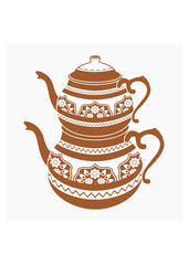 Editable Flat Monochrome Style Typical Traditional Çaydanlik Turkish Tea Pot with Floral Pattern Vector Illustration for Tea Shop or Product Marketing and Ottoman Turkish Culture Related Design