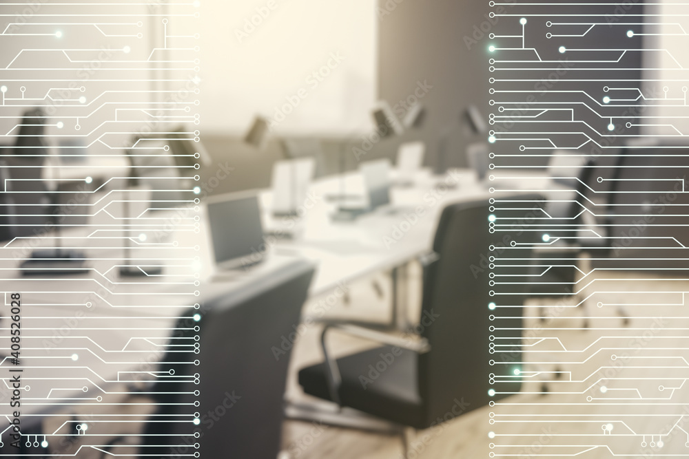 Poster abstract virtual micro circuit sketch on a modern furnished office interior background, future techn