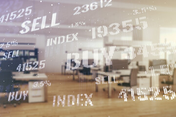 Obraz premium Multi exposure of virtual abstract financial diagram on a modern furnished office interior background, banking and accounting concept