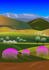 Spring landscape. Green and yellow hills. Blooming trees. Sakura. Vector illustration. 