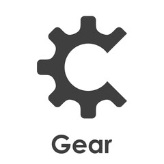 Logotipo con texto Gear y silueta de rueda dentada con forma de letra C en color gris
