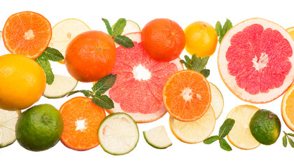 Mixed citrus fruit including lemons, limes, grapefruit, and tangerines with mint sprigs isolated on a white background