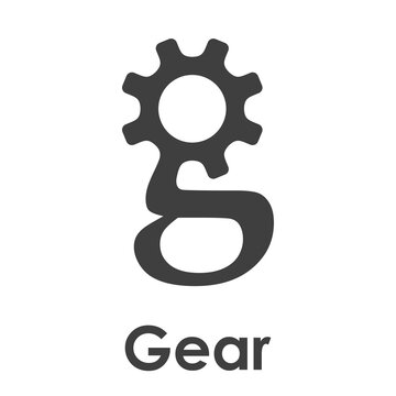 Logotipo con texto Gear y silueta de rueda dentada con forma de letra g en color gris