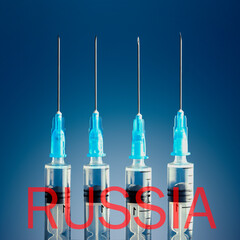 Syringes with word Russia on blue background. Vaccination Concept.