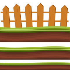 Cartoon rural wooden fence in green grass vector illustration. Wood farm fence outdoor.