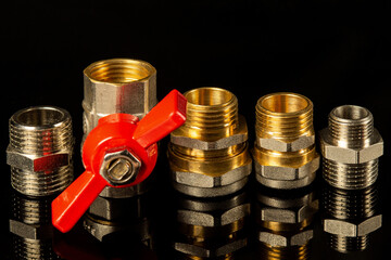 Set of brass fittings is often used to connect for gas and water installations. Fitting connecting...