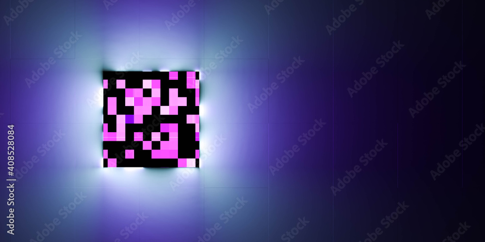 Poster square block cube with pixel optic and glowing neon violet lights on dark background 3d render illus
