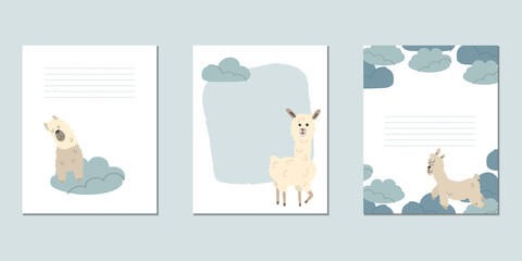 Set of vector children's cards with lamas. Templates for text for a children's party, baby shower, cards, invitations, diplomas.