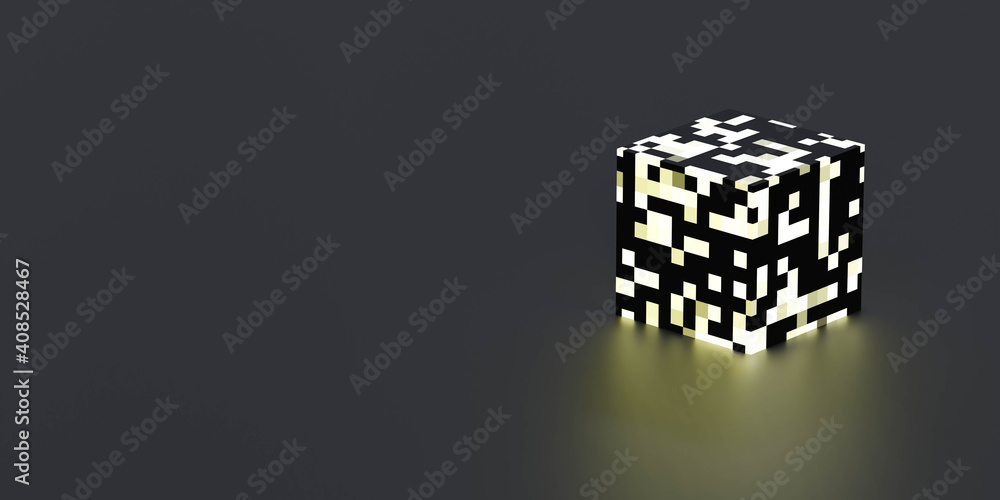 Poster cube shape on dark background with pixelated glowing surface 3d render illustration