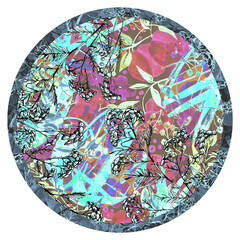 circle watercolor pattern with a floral pattern of leaves, berries, plants and fruit peach, plum.Helichrysum arenarium,mimosa. Peach pattern with tropic fruits, leaves, flowers background.Paint splash