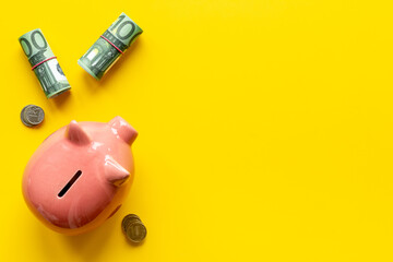 Piggy bank with money, top view