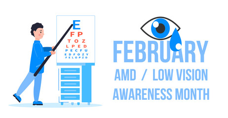 AMD, Low vision awareness month event is celebrated in February. Medical ophthalmologist eyesight check up concept vector. Eye doctor illustration for health care web banner
