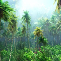 Naklejki  Dżungla, piękny las deszczowy we mgle, palmy we mgle, dżungla rano we mgle, renderowanie 3d
